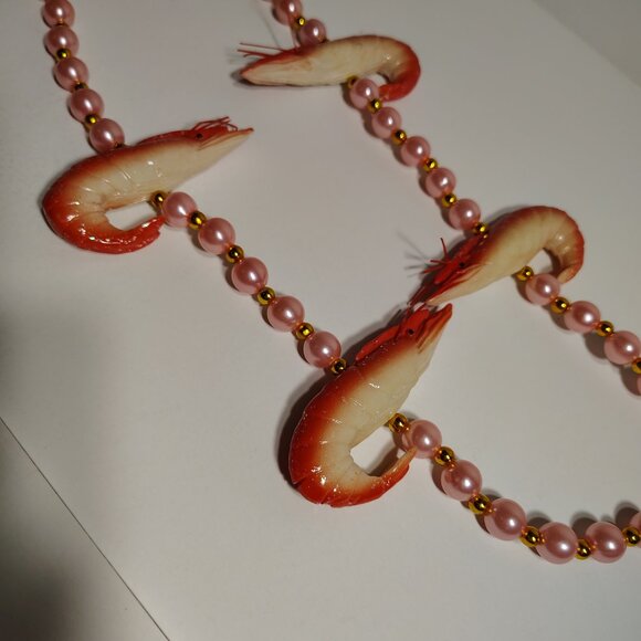 Crawfish Mardi Gras Beads Faux Pink Pearl Shrimp Nautical Necklace - Picture 3 of 7